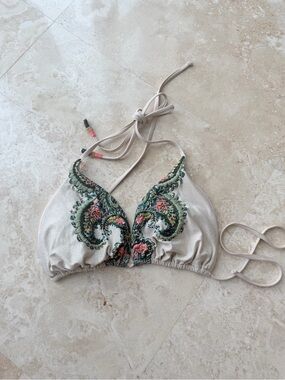 Embroidered Cream Bandeau Swim Top with Green Floral Detail
